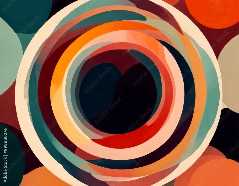 Poster a vibrant abstract composition of overlapping concentric circles in various shades of orange, pink, blue, and green, creating a dynamic and visually striking pattern