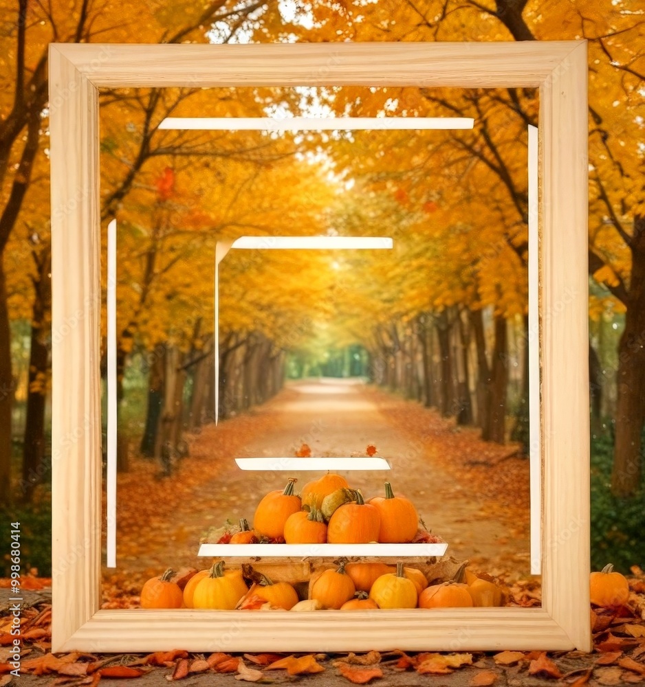 Poster a wooden frame with a clear glass window reveals a path lined with orange pumpkins, framed by a back