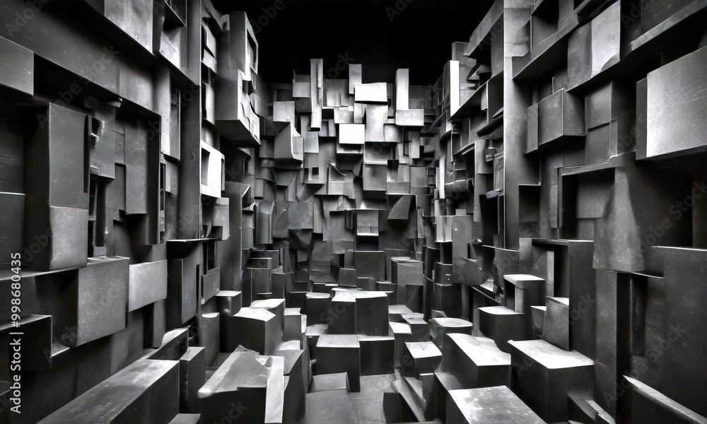 Poster a dark, monochromatic room filled with numerous black cubes arranged in a complex, geometric pattern