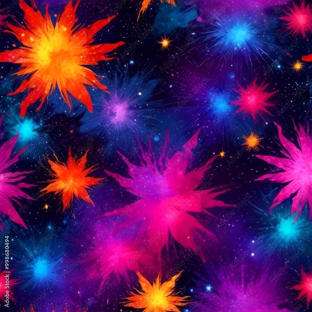 Fototapete a vibrant, abstract pattern of colorful fireworks exploding against a dark background, creating a se