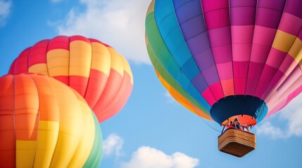 Colorful hot air balloon with wicker basket against a blue sky with white clouds.