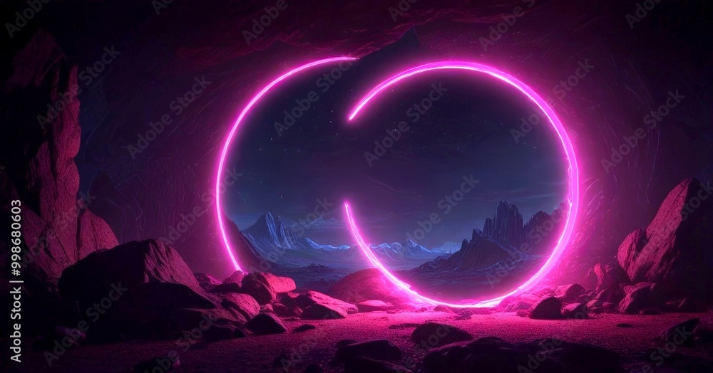 Poster a surreal, futuristic landscape with a glowing pink circular portal in the center, surrounded by roc