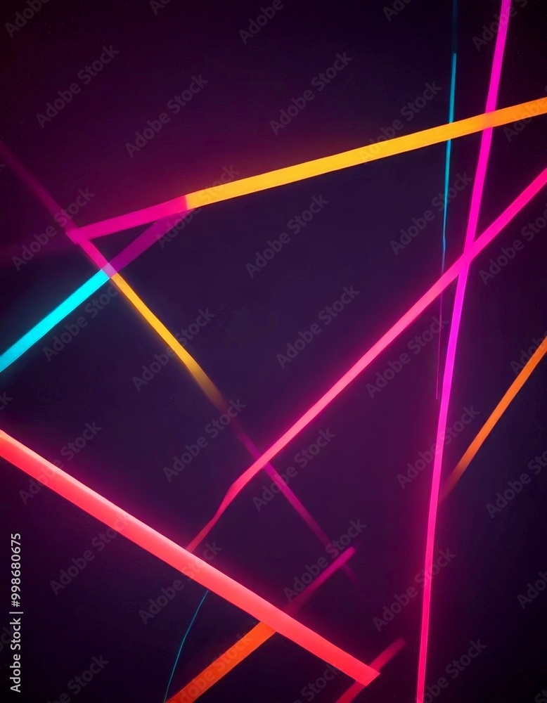 Fototapete a dark background with intersecting neon-colored lines in various shades of pink, orange, and blue, 