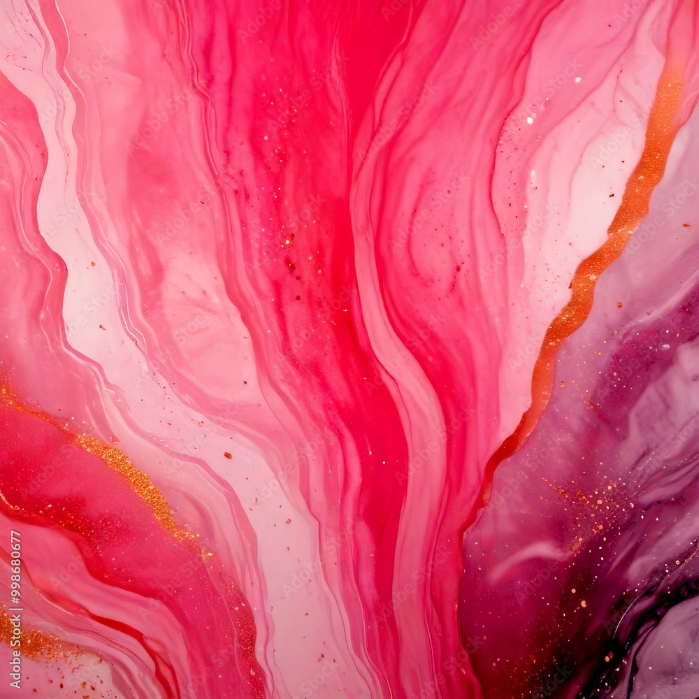 Poster a vibrant abstract pattern with pink and purple hues, accented by gold glitter The pattern is composed of fluid, swirling lines and shapes, creating a sense of movement