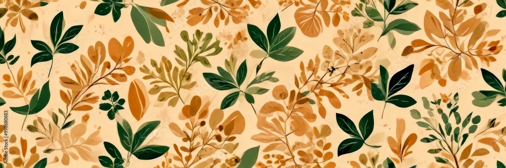 Poster a repeating pattern of various leaves and branches in shades of green, brown, and beige against a li