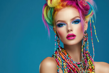A beautiful woman with vibrant hair and makeup, wearing large, multicolored beads around her neck
