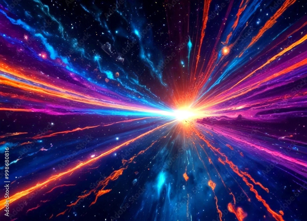 Poster a vibrant cosmic scene with a radiant sun at the center, surrounded by a multitude of colorful cosmic rays and stars The rays emanate from the sun in a radial pattern, creating