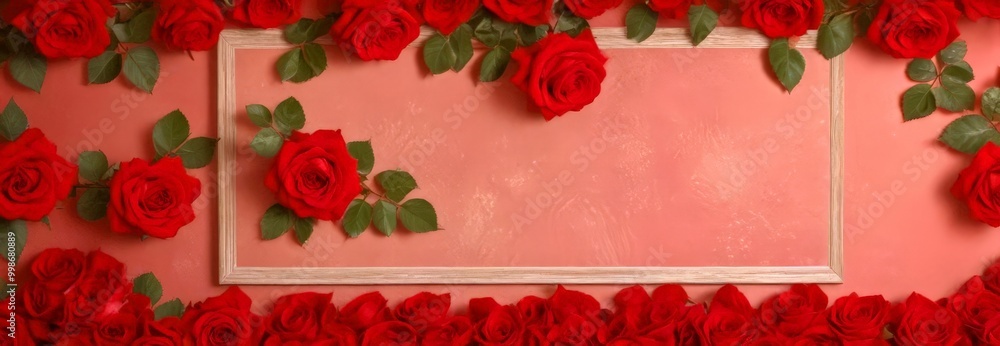 Poster a pink background with a wooden frame and red roses arranged in a symmetrical pattern