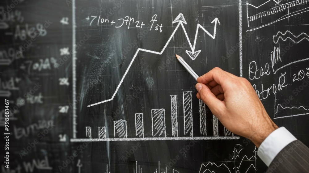 Poster a man is drawing a graph on a blackboard with a pencil