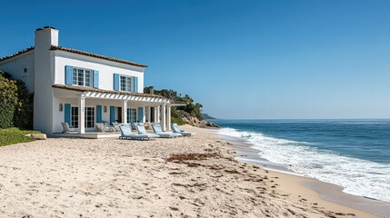 Fototapeta premium A chic coastal home, with pristine white walls and blue shutters, perched on a sandy beach with the ocean waves gently crashing in the distance