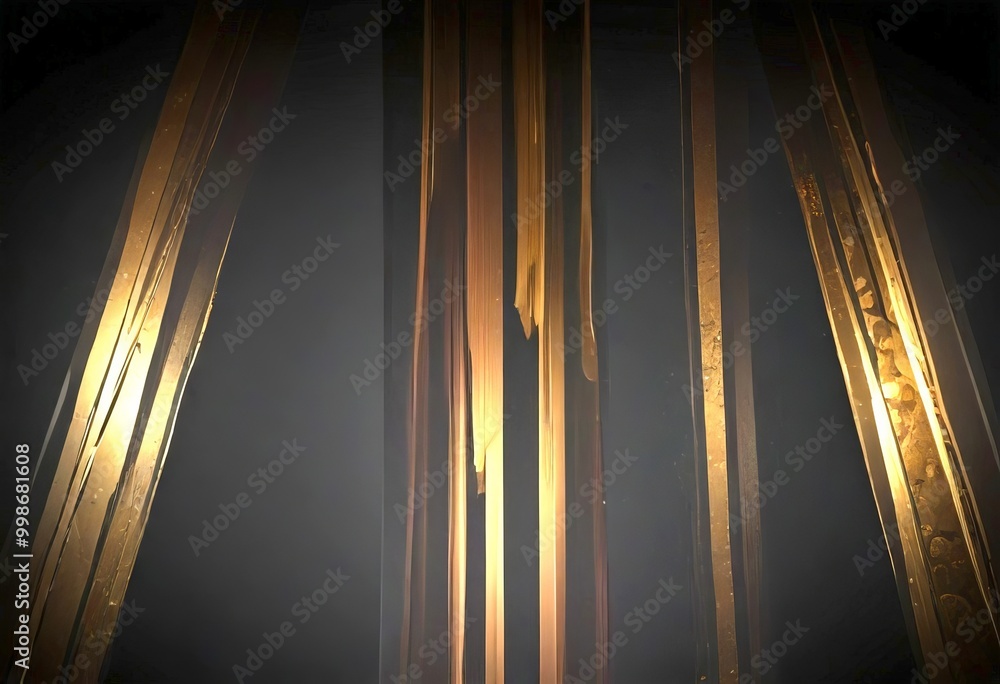 Aufkleber a dark, shadowy interior with a series of vertical wooden beams or pillars, creating a sense of dept