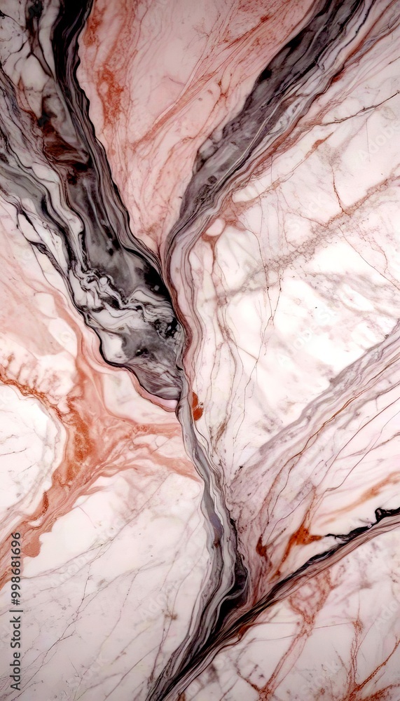 Poster a marble surface with a swirling pattern of pink, white, and gray hues, creating a dynamic and textured visual effect