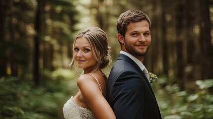 Naklejka premium Scenic Bride and Groom Back to Back in Nature