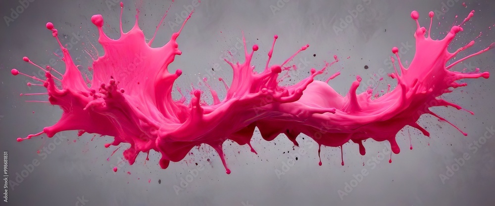 Poster a splash of pink paint, with splashes and droplets in various directions, against a gray background