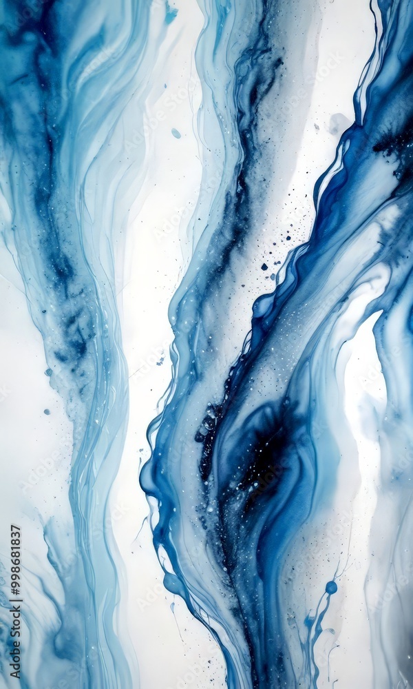 Poster a close-up view blue and white abstract painting, showcasing fluid brushstrokes and splashes of color that create a sense of movement and depth