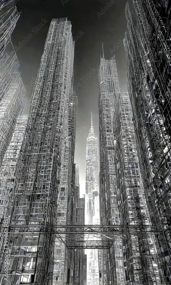 Poster a dense, towering cityscape with skyscrapers and buildings reaching towards the sky, creating a sense of depth and perspective