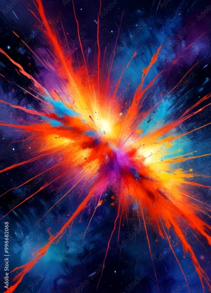 Poster The explosion depicted in a vibrant, dynamic representation supernova, with a burst of light and energy radiating outward in a striking pattern of