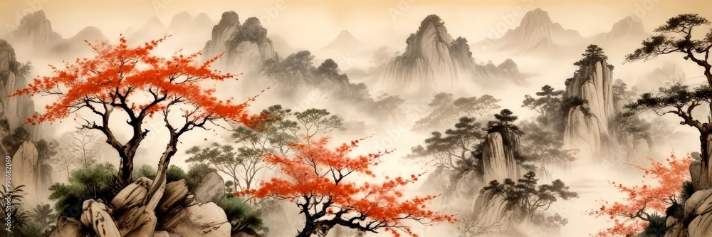 Poster a serene landscape with a mountainous backdrop, featuring a variety of trees and shrubs in shades of