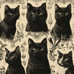 Vintage Inspired Feline Sketches with Elegant Victorian Accents