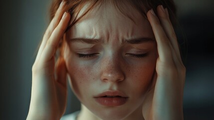Close-up portrait of a young woman with red hair, closed eyes, and freckles, holding her head in her hands, showing signs of stress or pain.
