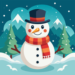 Winter Snowman with Scarf and Top Hat in a Festive Snowy Scene