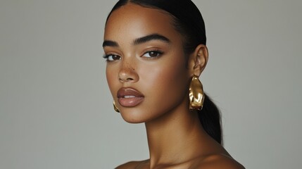 Elegant sculptural jewelry: portrait of a model wearing bold gold earrings