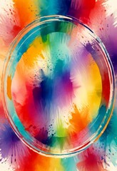a vibrant abstract composition with a large circular shape in the center, surrounded by a colorful array of splashes of paint in various hues