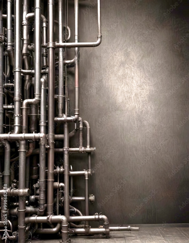 Aufkleber A complex network of black pipes and tubes, arranged in a seemingly random pattern, dominates the left side of the , with a dark background on the right