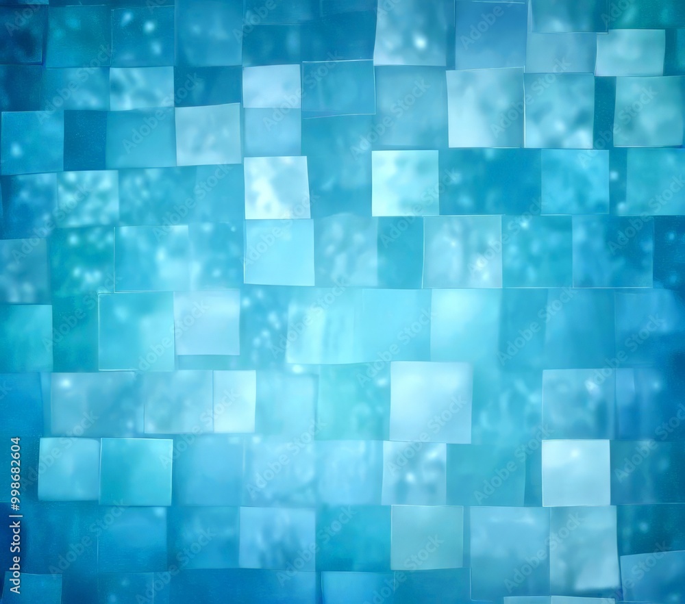 Poster a blue and white abstract background composed of numerous small square tiles arranged in a grid-like pattern The tiles vary in size and overlap, creating a sense of depth