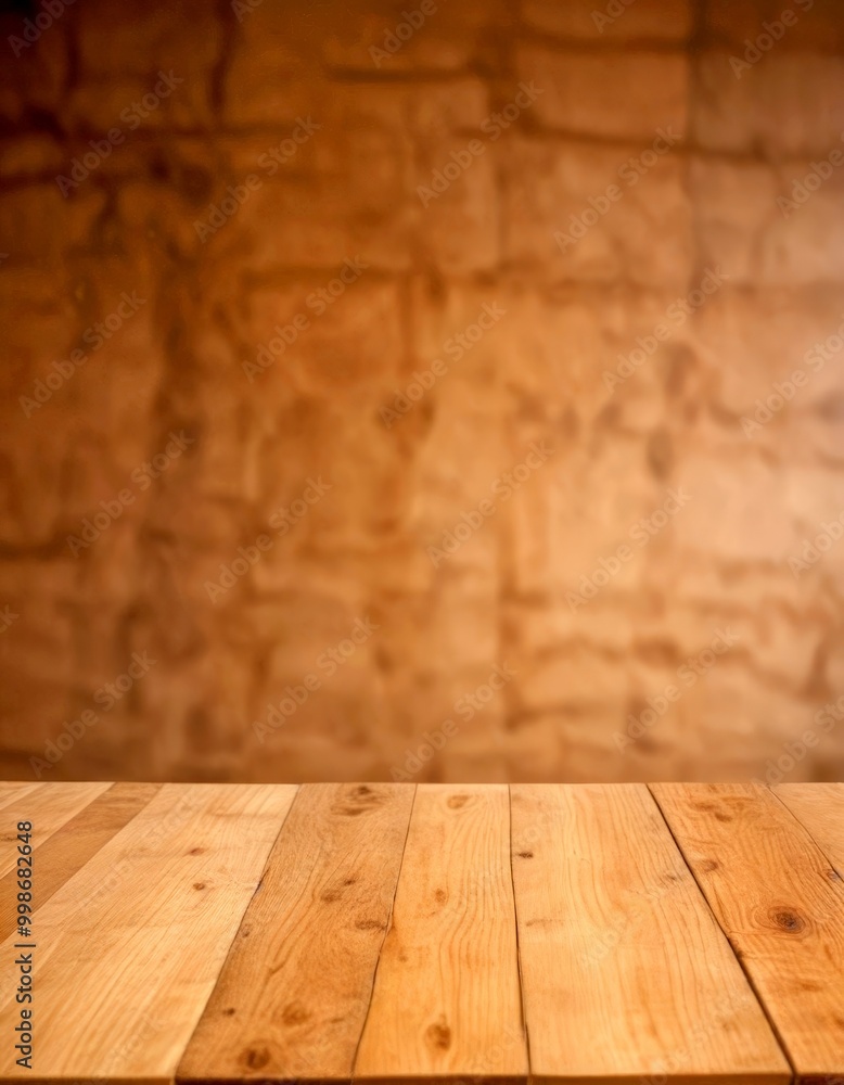 Poster A wooden table with a textured surface sits in the foreground, while a textured stone wall forms the background