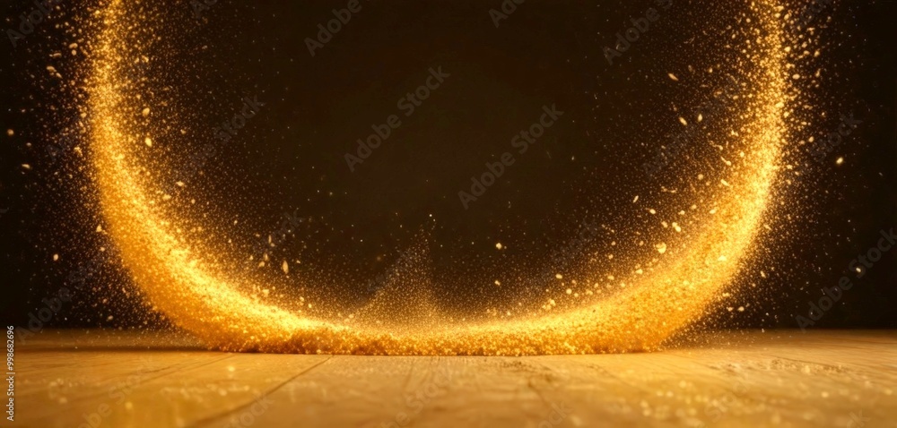 Poster a dynamic scene golden ring of dust or sand particles swirling and swirling, creating a sense of movement and energy The particles are scattered across the frame, with