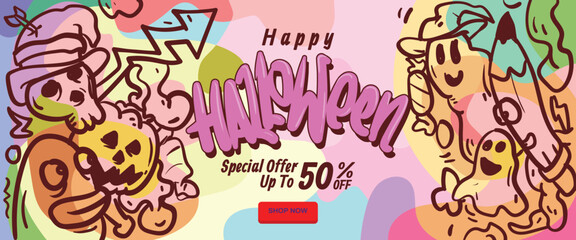 Creepy Monster Halloween Party Banner concept. abstract geometric liquid form. monster halloween with hand drawn banner template vector illustration.