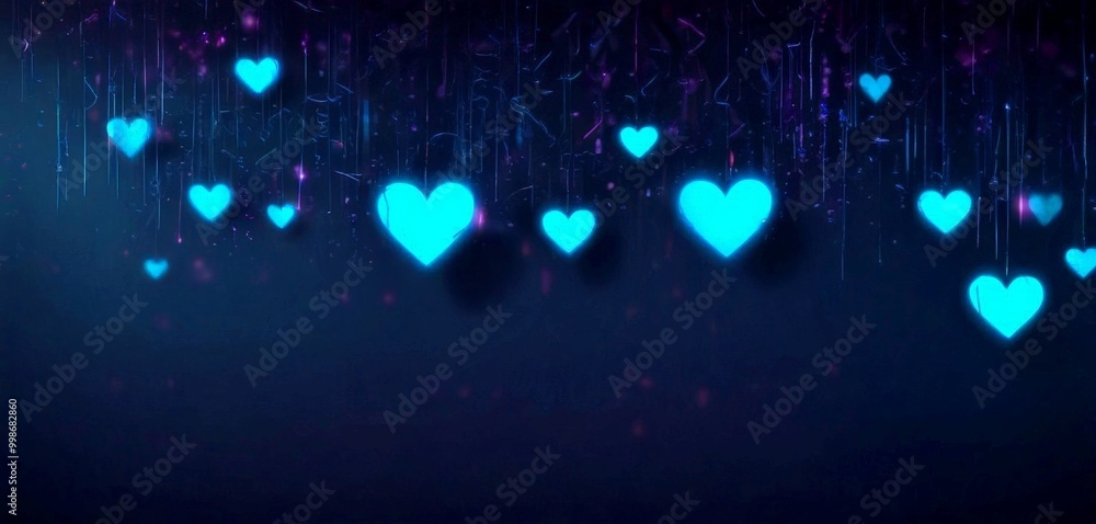 Poster a dark background with glowing blue hearts of various sizes scattered across it, creating a sense of