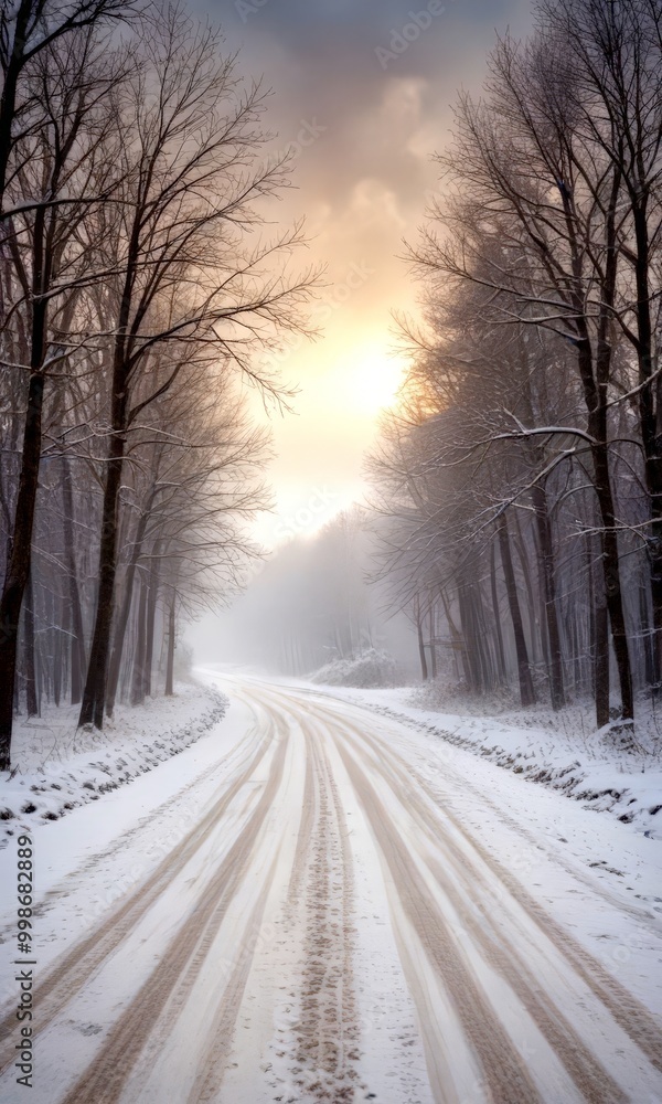 Poster a snowy road winds through a forest, with bare trees lining both sides and a hazy sky above