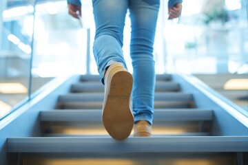 a person walking up a staircase in casual clothing