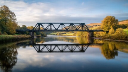 Fototapeta premium A classic iron truss bridge, spanning a calm river in the countryside, with rolling hills in the distance