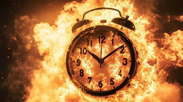 An alarm clock exploding in flames, symbolizing a countdown, deadline, and time running out in a fiery burst of urgency
