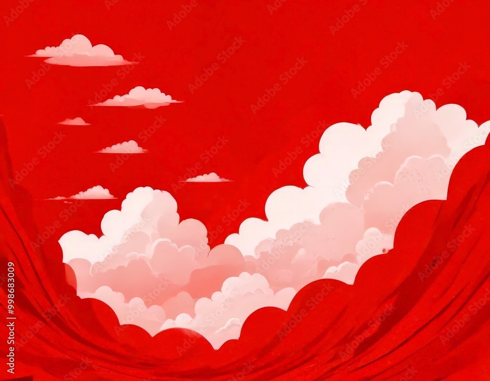 Poster a serene sky with fluffy white clouds against a vibrant red background