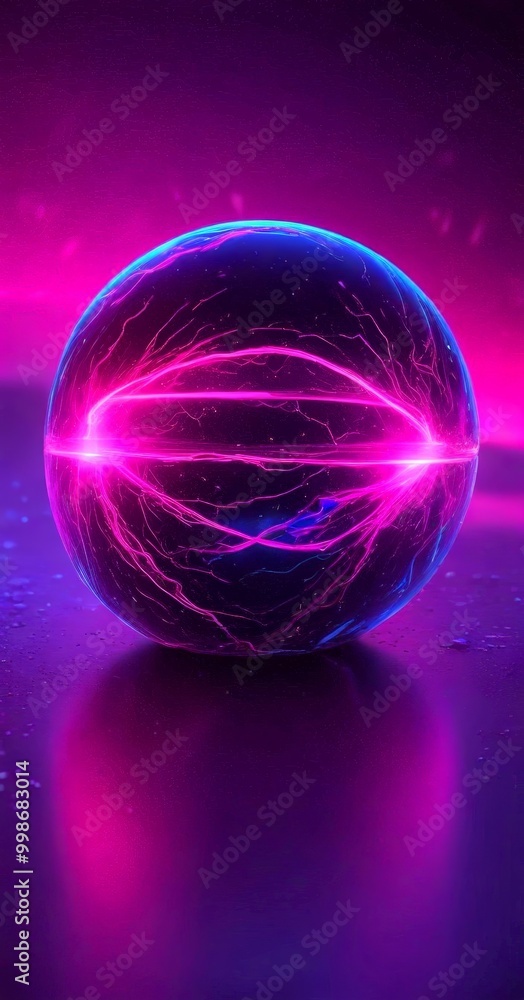 Poster a glowing sphere with a pattern of lines and a reflection on a dark surface, set against a gradient background transitioning from purple to pink