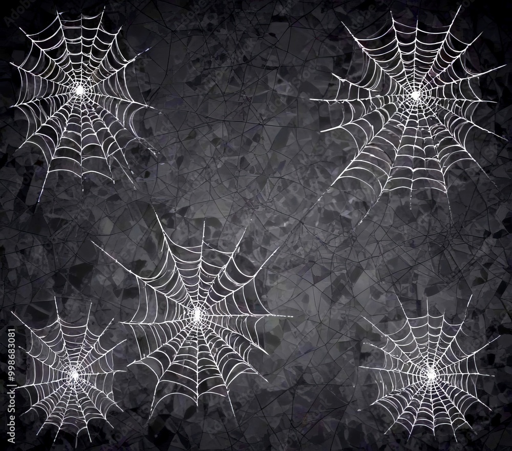 Poster a dark background with five spider web silhouettes arranged in a diagonal pattern, creating a sense of depth and dimension