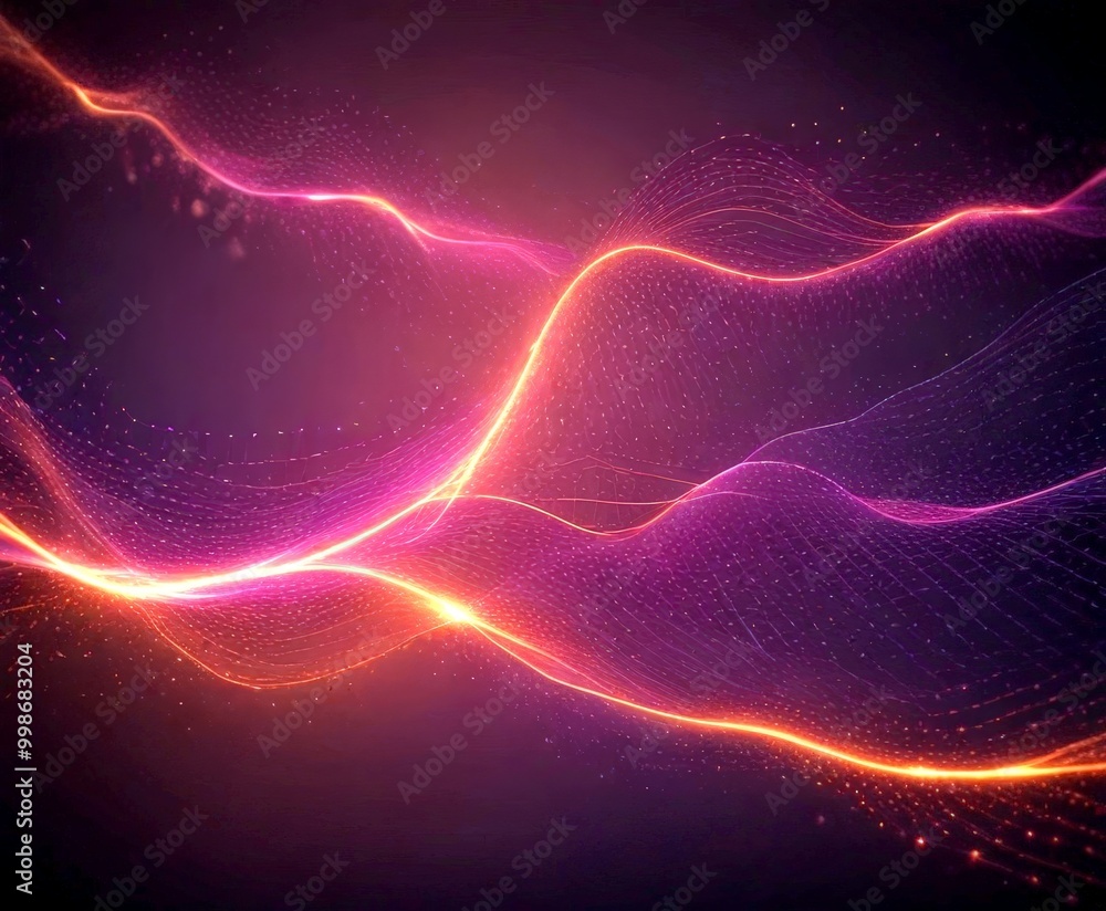 Poster a digital illustration wave-like pattern with a gradient of colors, transitioning from deep purple to bright orange, and then back to a darker purple