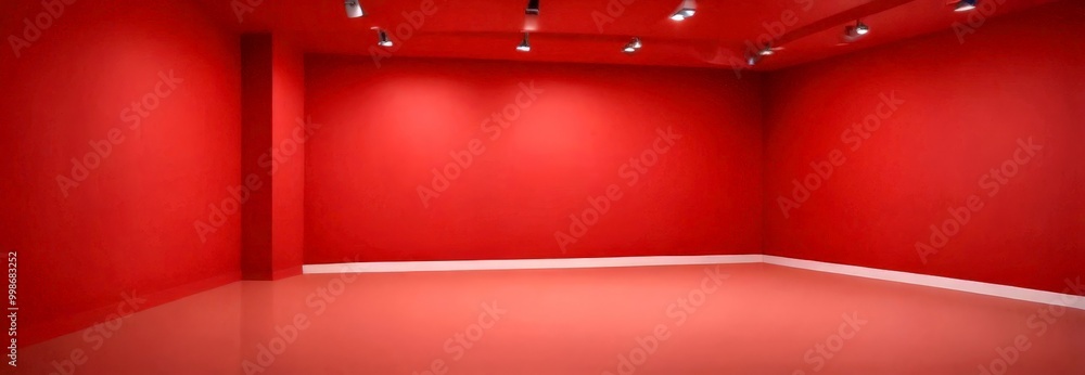 Poster an empty room with red walls and a white floor, illuminated by track lights