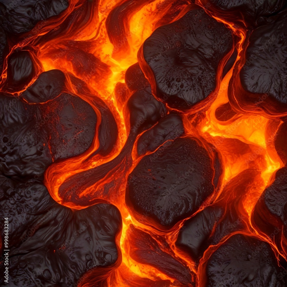 Poster a close-up view of molten lava flowing and bubbling, with a dark, fiery color palette and a sense of