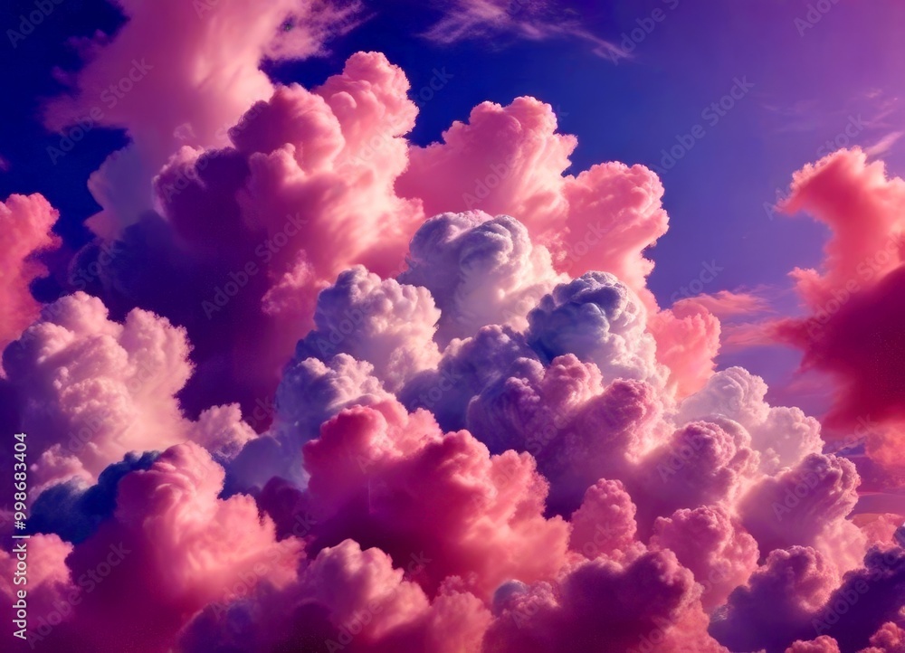 Poster a captivating sky filled with fluffy white and pink clouds, creating a serene and dreamy atmosphere