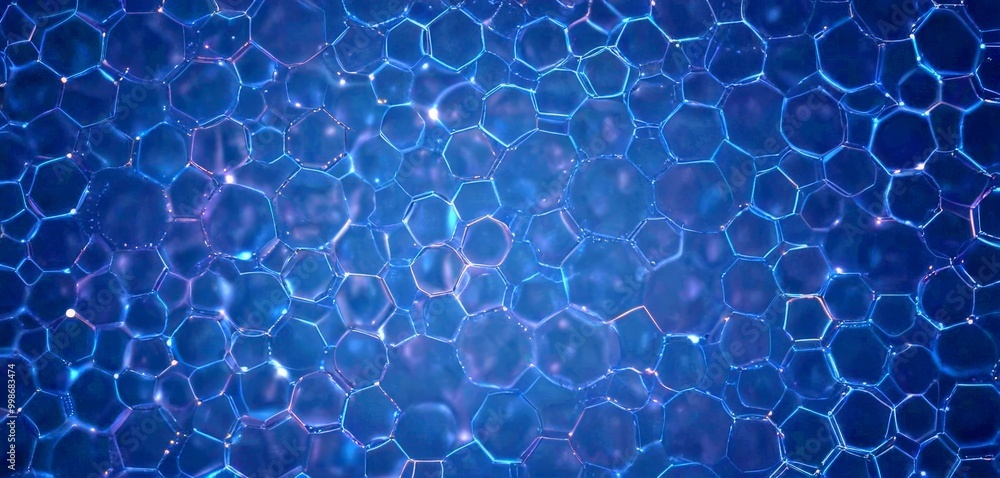Poster a close-up view dark blue, hexagonal pattern with small, blurred lines connecting the hexagons, creating a sense of depth and complexity
