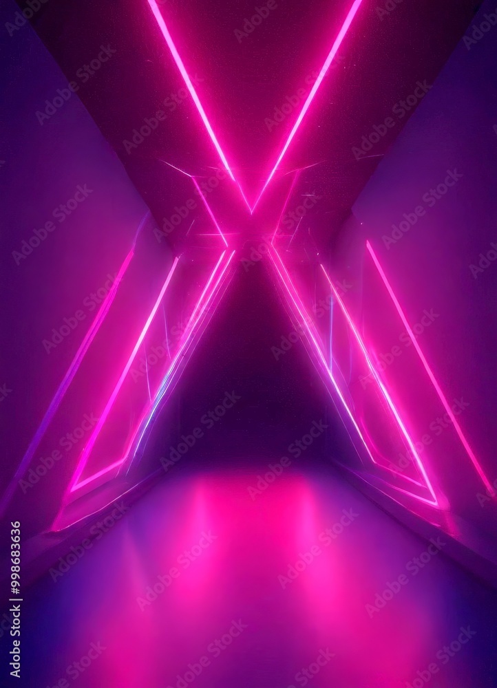 Poster a futuristic corridor bathed in a vibrant purple glow, with a series of intersecting neon lines creating a sense of depth and movement