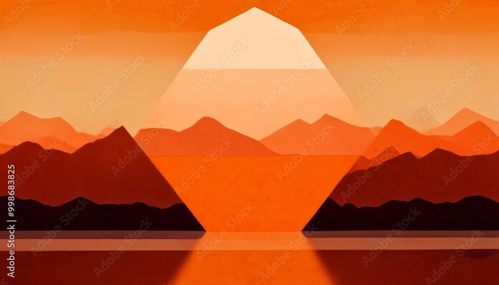 Poster a serene landscape with a large, triangular formation in the center, surrounded by mountains in warm