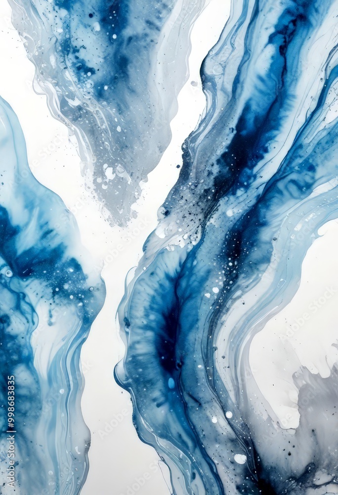 Aufkleber an abstract painting featuring a swirling pattern of blue and white hues, with splashes of white and gray adding depth and texture