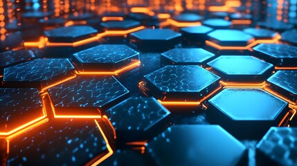 Fototapeta premium A digital background featuring hexagons in blue and orange, with an array of futuristic tech elements and circuit patterns.