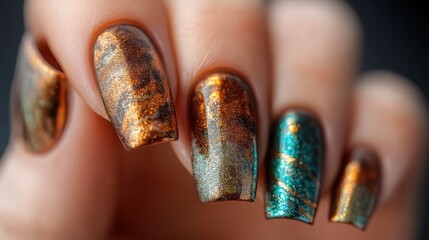 Metallic nail art close-up: elegant hot metal design for fashion and beauty